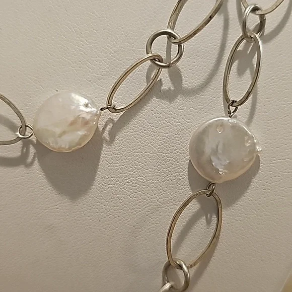 Rosy White FWP Fresh Water Blister Pearl Oval Link Vintage Necklace. - Picture 5 of 6